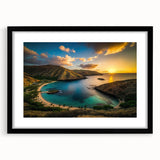 Abstract art print of Oahu's scenery in vibrant colors on a textured, extra large canvas, framed in black.