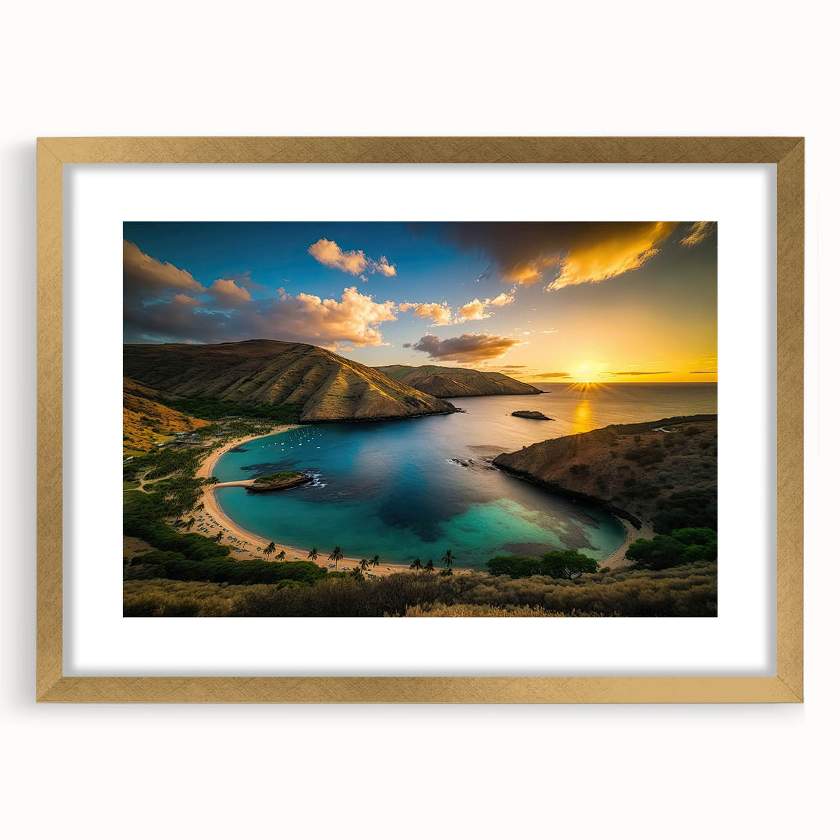Extra large abstract art print depicting a textured scenery of Oahu, Hawaii in muted earth tones, framed in gold.