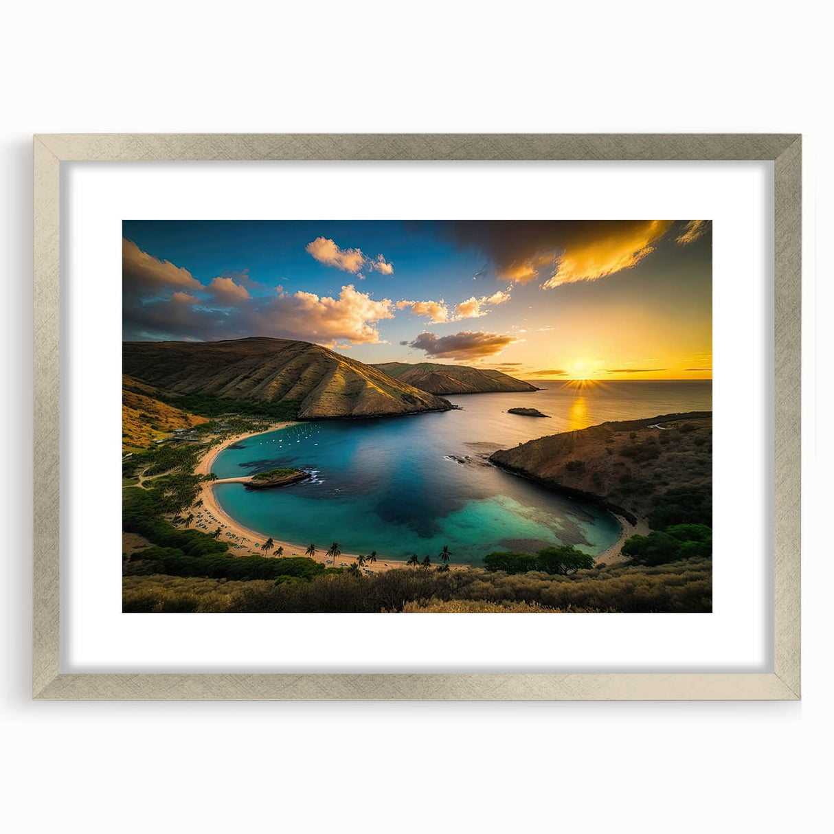 Textured abstract art print of Oahu, Hawaii, in muted earth tones on a framed canvas, suitable for bedroom decor.