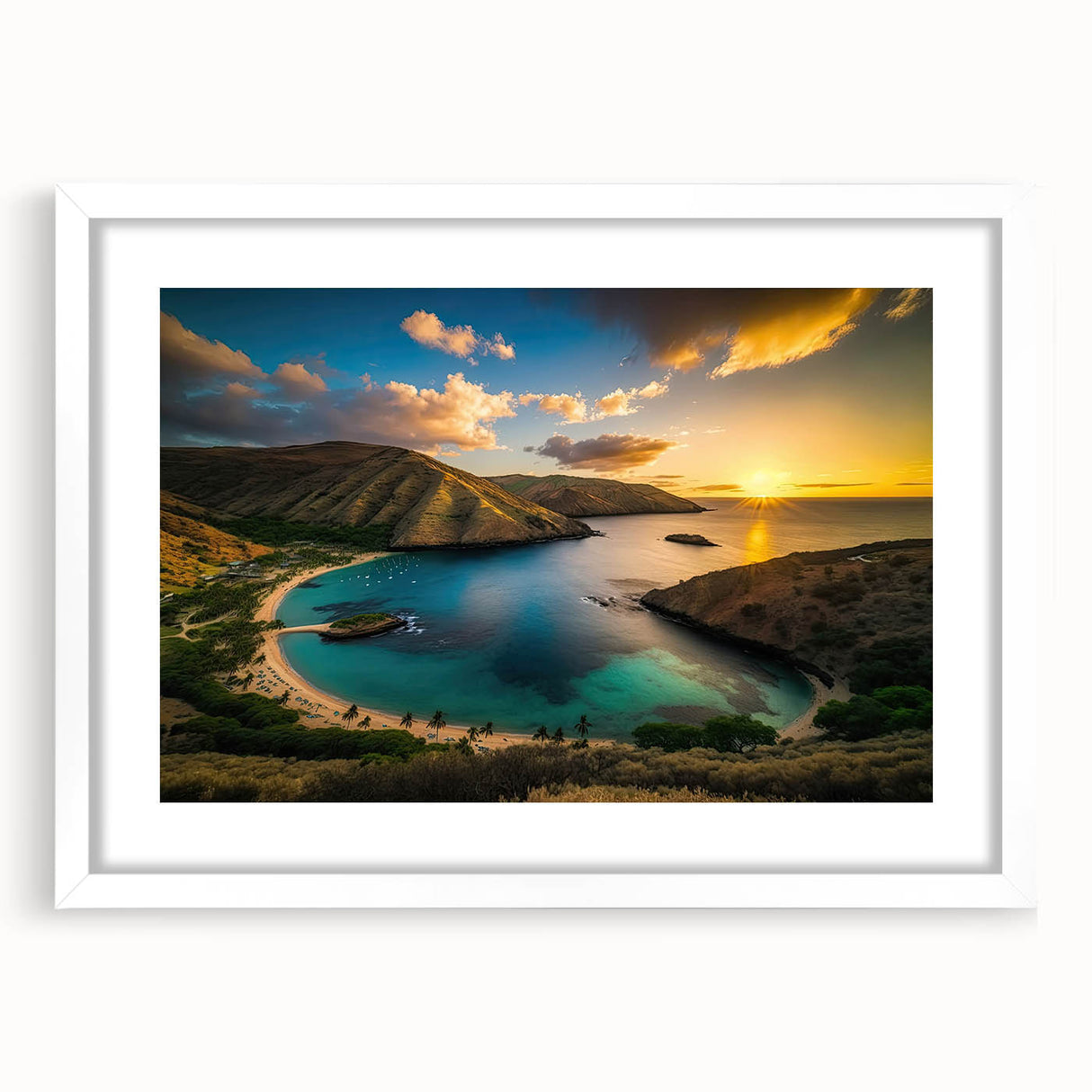 Abstract art print of Oahu, Hawaii scenery in muted earth tones on a framed white mat, suitable for dining room decor.