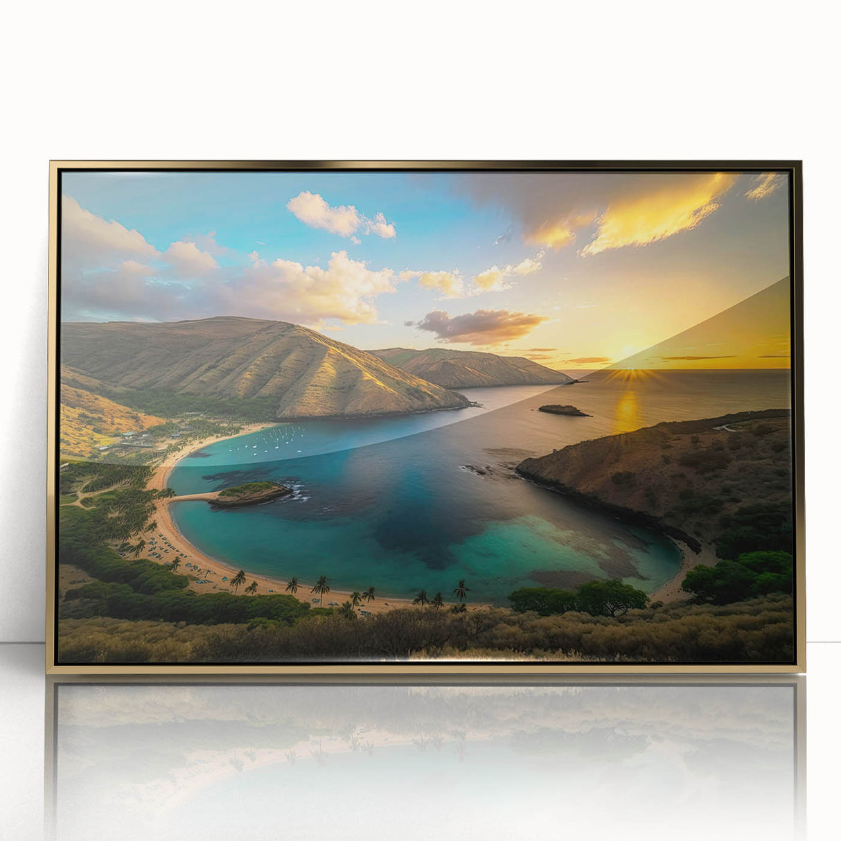Framed acrylic print of Oahu, Hawaii scenery in mid-century modernist style with gold tones, ideal for modern art wall decor.