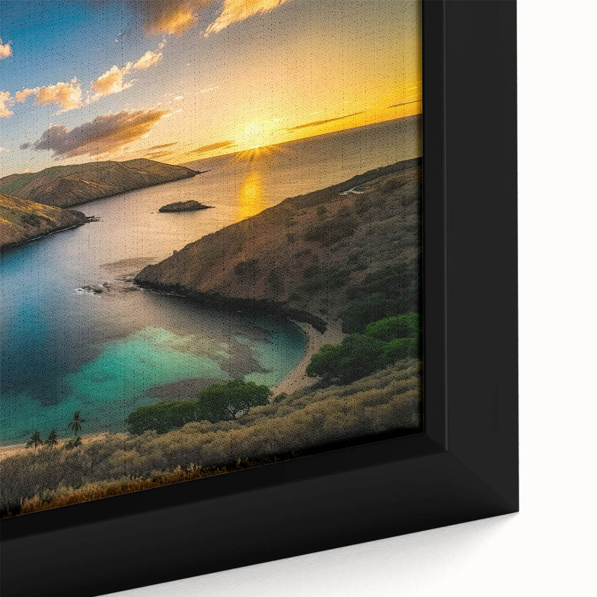 Close-up of a textured black wall art depicting Oahu, Hawaii, with vibrant colors on a framed canvas.