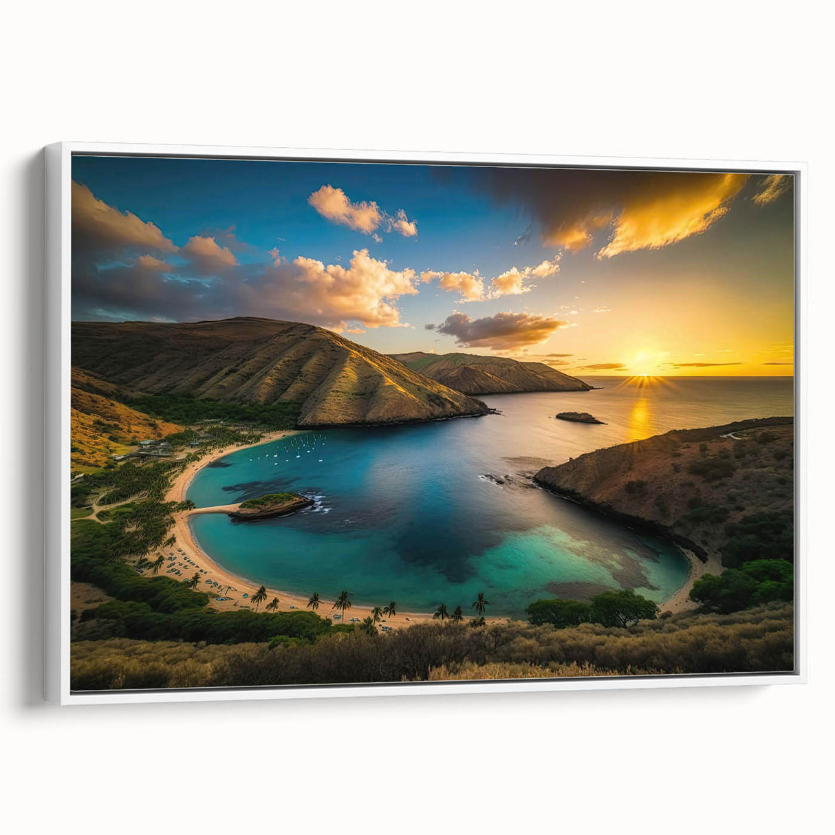 Vintage poster art of Oahu, Hawaii, featuring vibrant colors on a large framed canvas, ideal for living room decor.