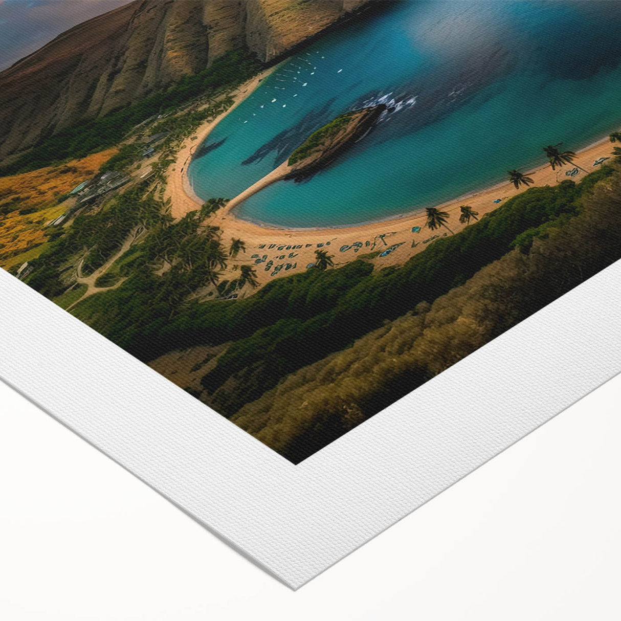 Art deco poster of Oahu, Hawaii scenery in pastel colors on rolled canvas, suitable for dining room wall art.