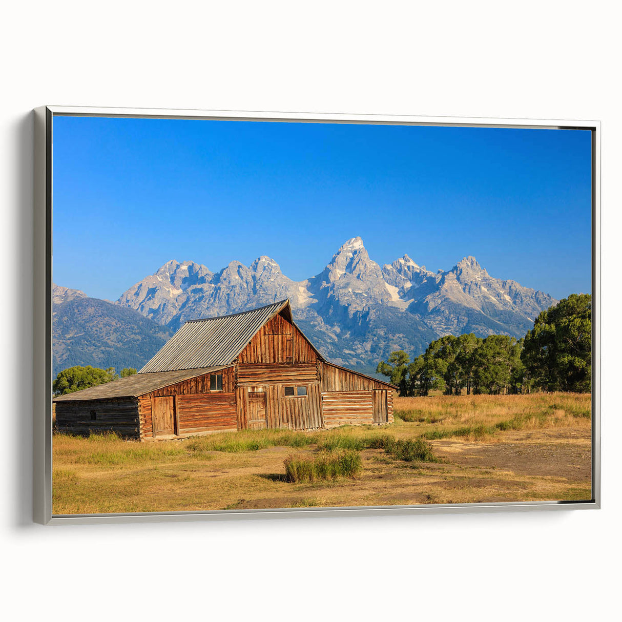 Framed canvas landscape art painting depicting a serene Idaho scenery in muted earth tones, ideal for living room decor.