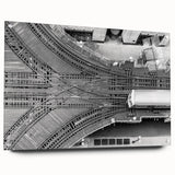 Acrylic print of a large abstract depiction of Chicago skyline in muted blue and gray tones.