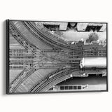 Black and white framed canvas of Chicago skyline, featuring vintage poster art style, ideal for bedroom wall decor.