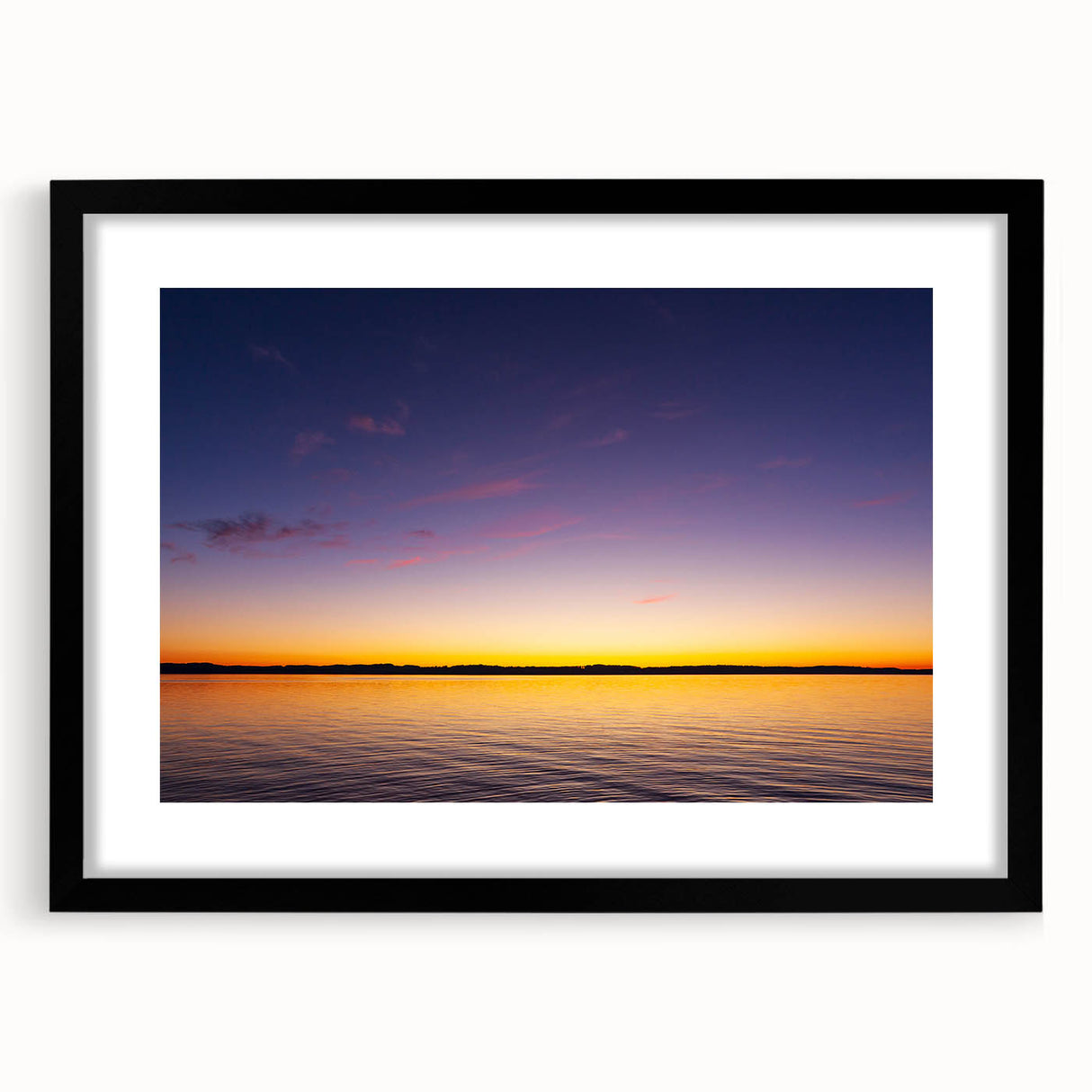 Extra large abstract art print featuring textured, colorful art of Lake Michigan, in a black frame.