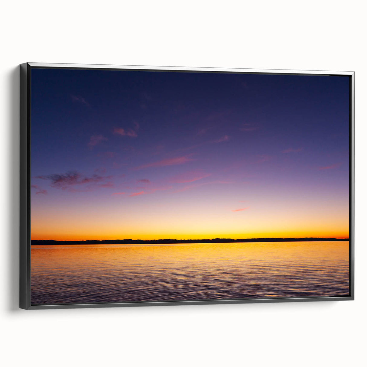 Black and white framed canvas of Lake Michigan, featuring a vintage landscape painting, ideal for bedroom wall art.