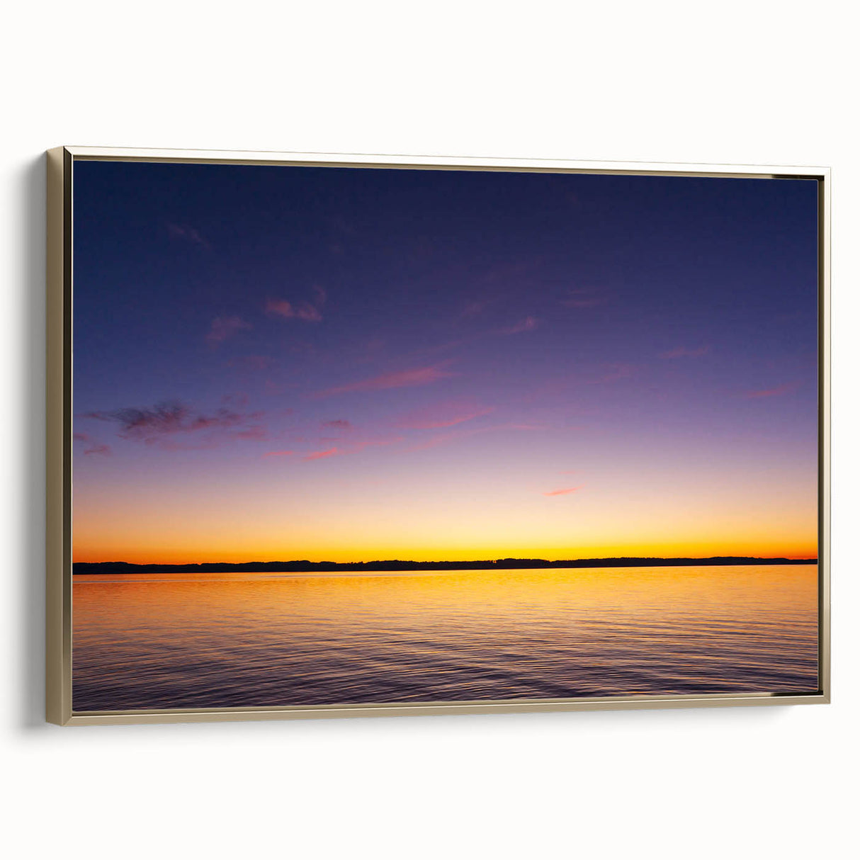 Framed canvas featuring a vintage-style landscape painting of Lake Michigan, with muted blue and black tones.
