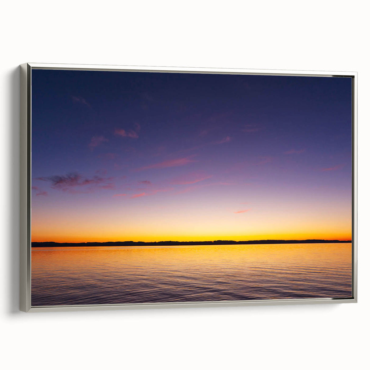Framed canvas landscape art painting of Lake Michigan with muted blue and silver hues, ideal for office or living room decor.