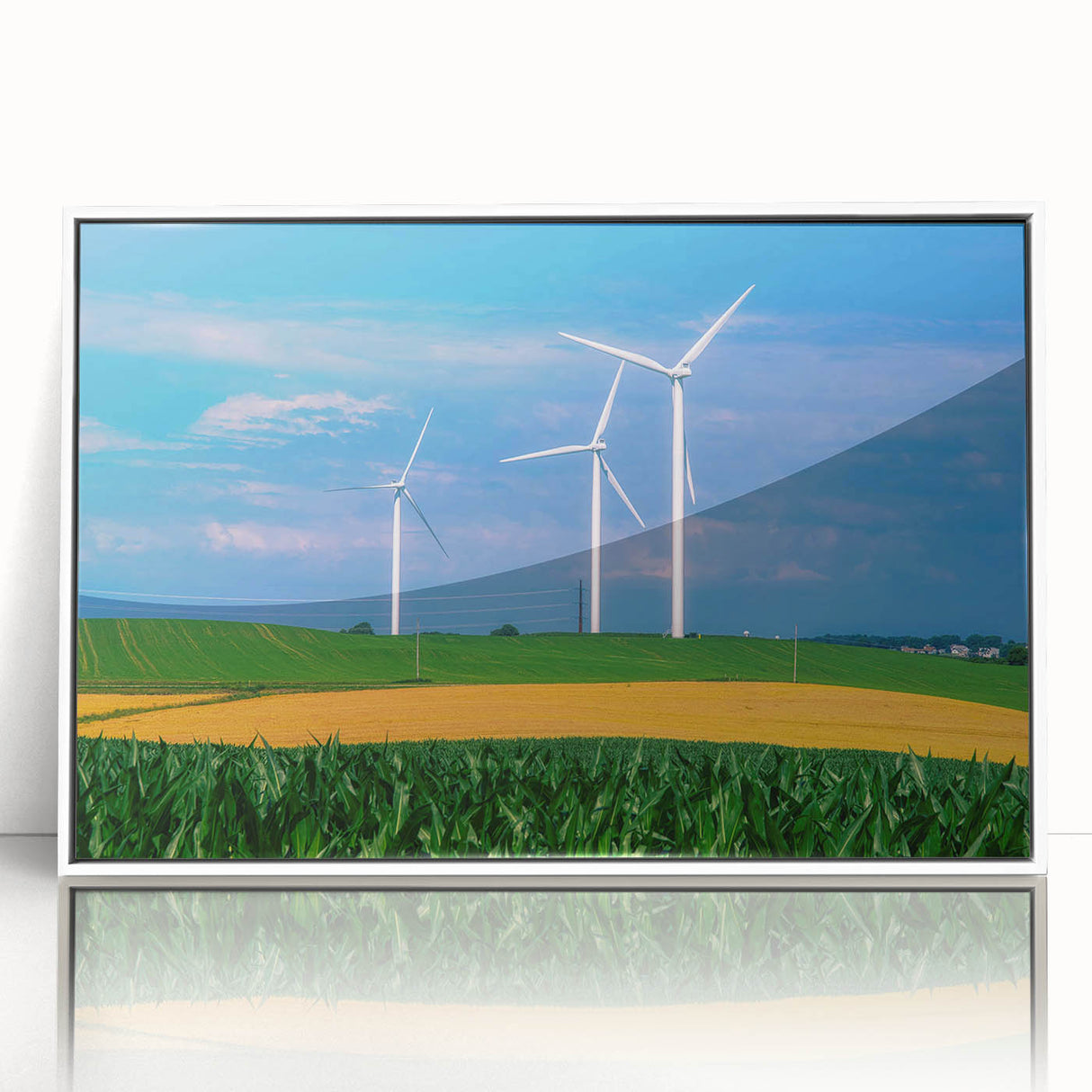 Art deco poster of Iowa scenery in muted green and white, acrylic framed, ideal for modern nursery wall decor.