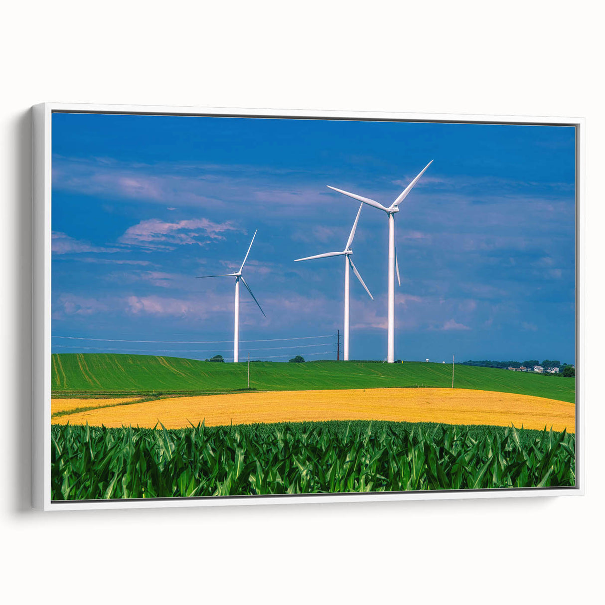 Vintage poster art of Iowa scenery in vibrant colors on a framed canvas, ideal for living room decor.
