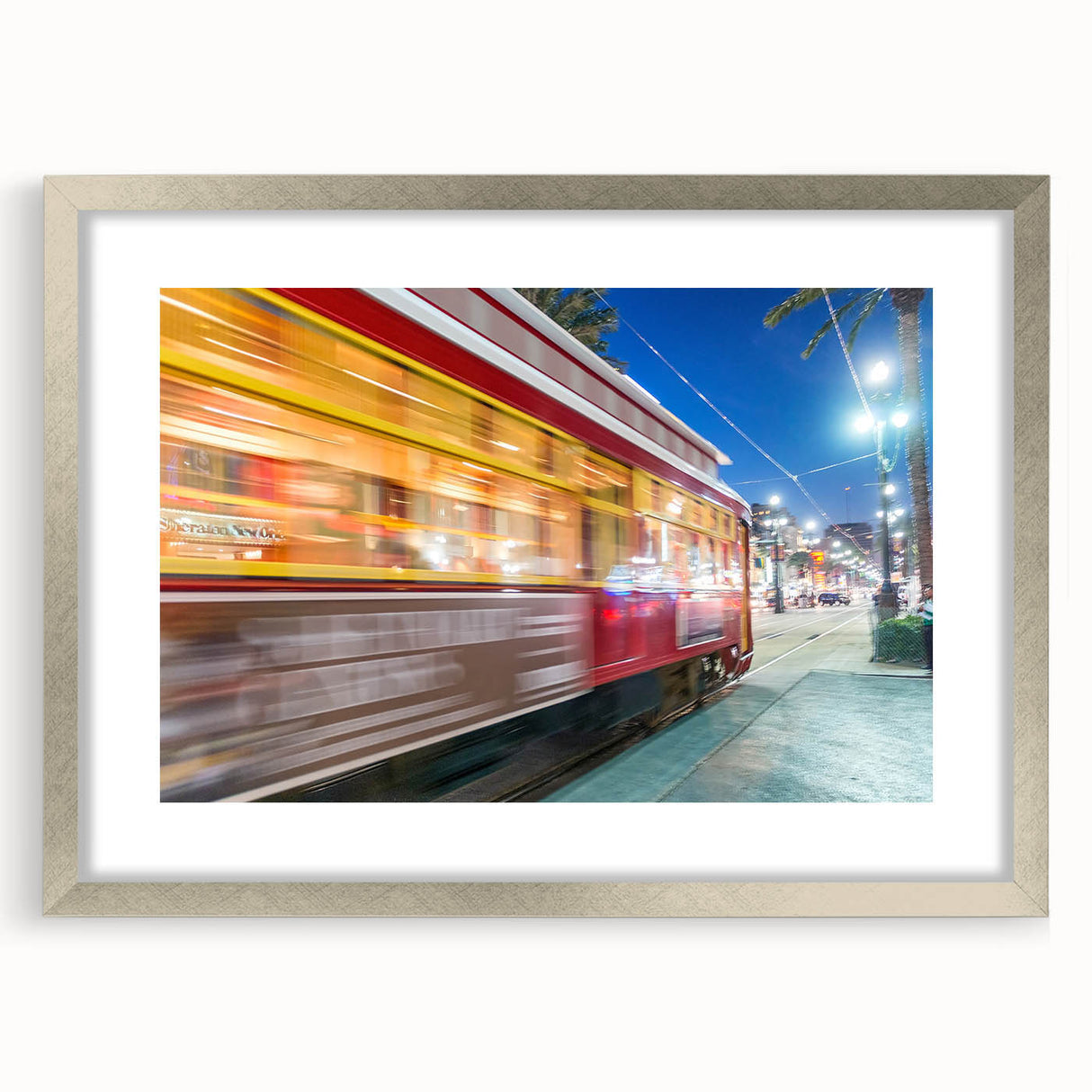 Textured abstract art print of New Orleans scenery in muted earth tones on a framed silver mat, ideal for bedroom art.