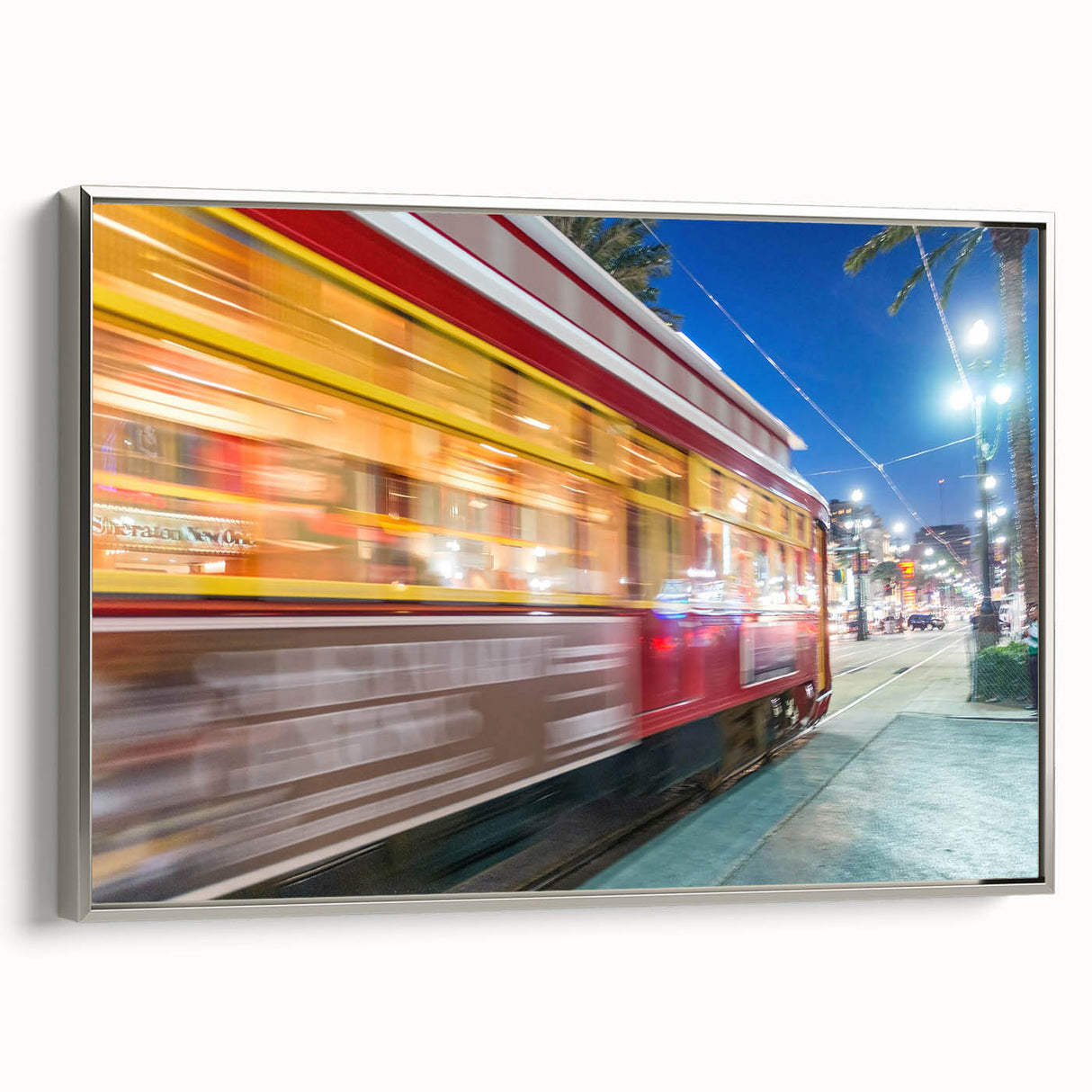 Framed canvas of a vintage New Orleans landscape in colorful hues, ideal for living room decor.