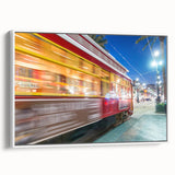 Vintage poster art of New Orleans scene in vibrant colors on a large framed canvas, ideal for living room decor.