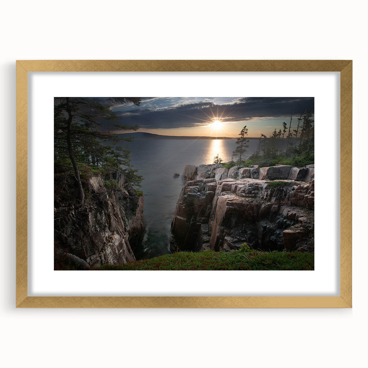 Extra large abstract art print of Acadia, Maine, in a gold frame with mat, featuring textured brushstrokes in earthy tones.