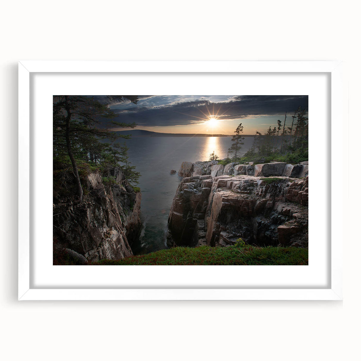 Abstract art print of Acadia, Maine, in muted earth tones on a framed white canvas, ideal for dining room decor.