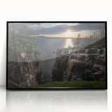 Large abstract wall art depicting Acadia's rugged coastline in muted gray and blue tones, framed in black acrylic.