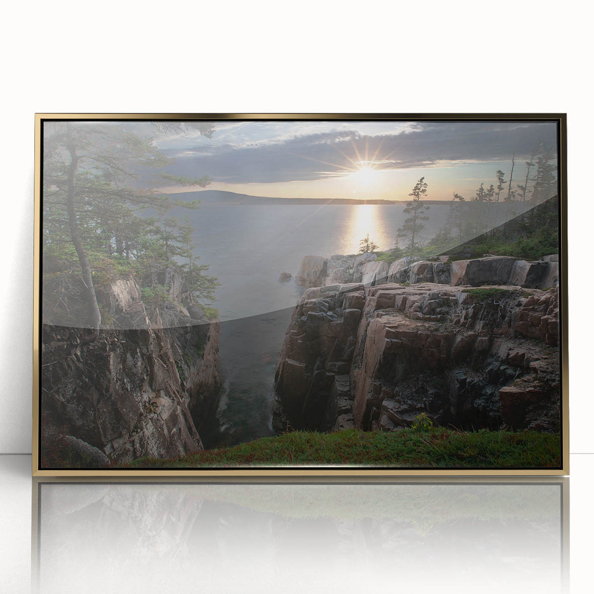 Acadia National Park scenery in muted earth tones on a gold-framed acrylic, suitable for modern art wall decor.