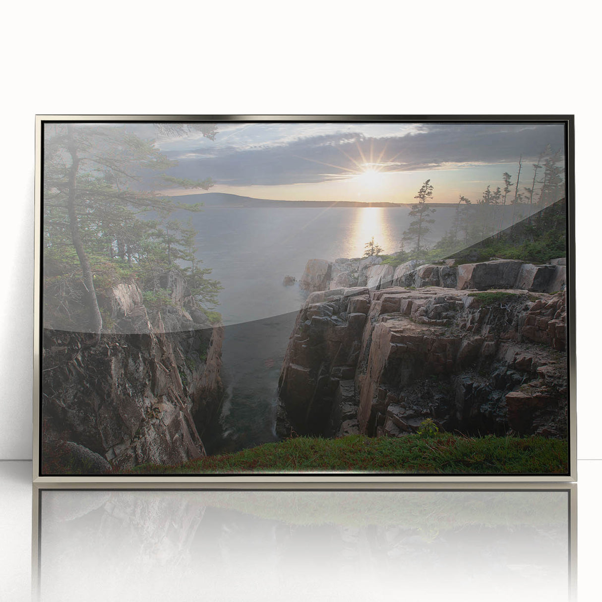 Mid-century modernist art depicting Acadia, Maine scenery in muted earth tones, framed in silver acrylic.