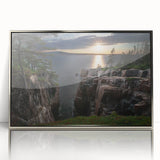 Mid-century modernist art depicting Acadia, Maine scenery in muted earth tones, framed in silver acrylic.