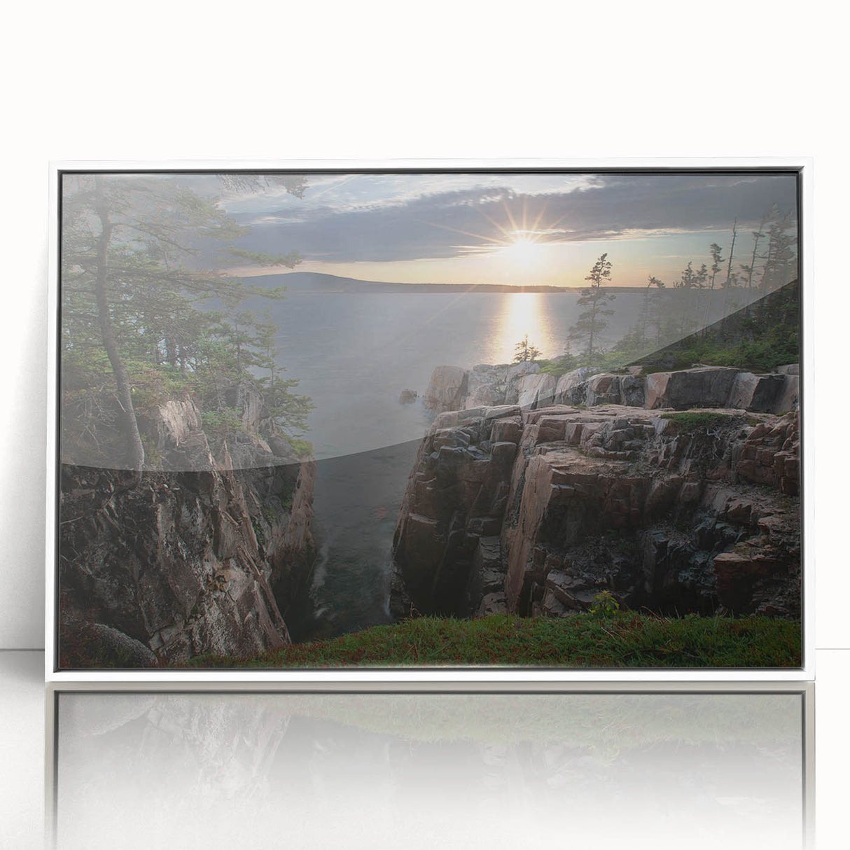 Acadia National Park scenery depicted in art deco style on a white-framed acrylic print, with cool blue and green tones.