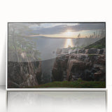Acadia National Park scenery depicted in art deco style on a white-framed acrylic print, with cool blue and green tones.