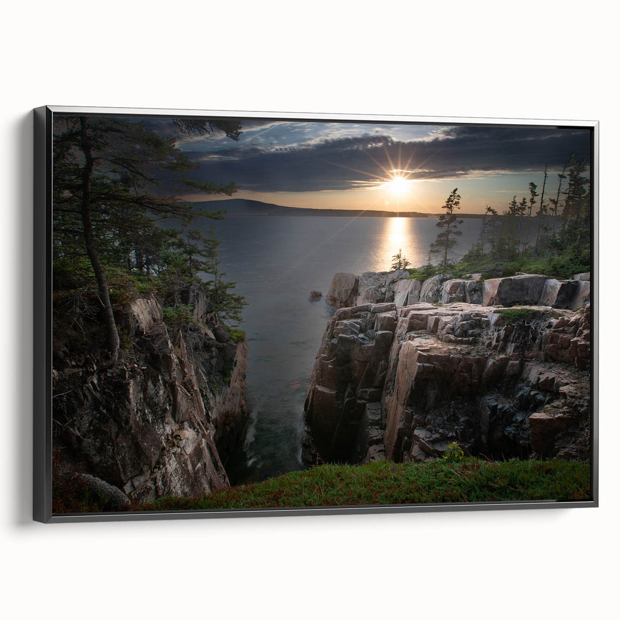 Black and white wall art featuring a serene Acadia landscape on framed canvas, ideal for bedroom decor.