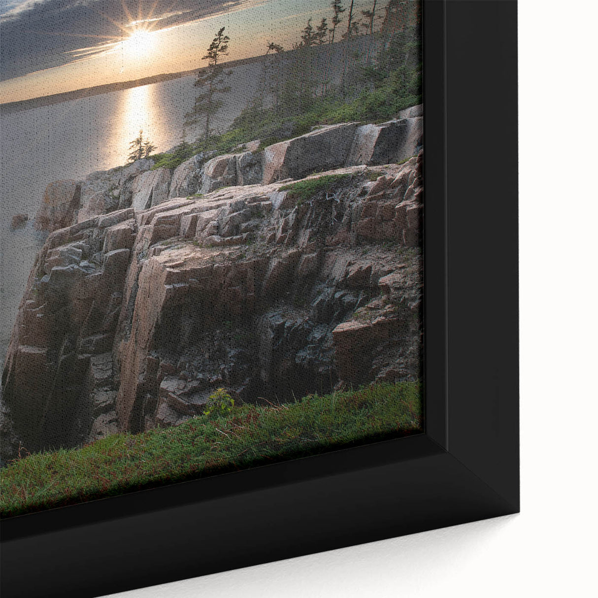 Close-up of a textured black wall art depicting Acadia, Maine, using vibrant colors on framed canvas.