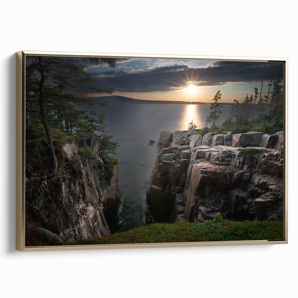 Framed canvas wall art featuring a vintage-style landscape painting of Acadia, Maine, with a black and gold color scheme.