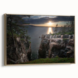 Framed canvas wall art featuring a vintage-style landscape painting of Acadia, Maine, with a black and gold color scheme.