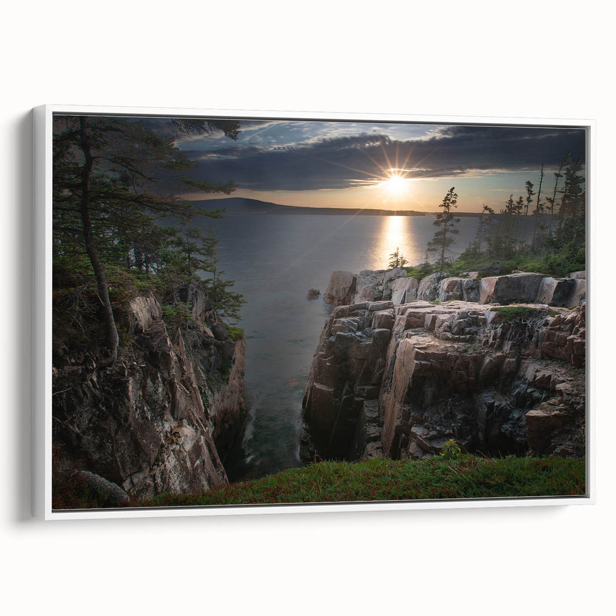 Vintage poster art of Acadia, Maine, featuring colorful landscape on extra large framed canvas, suitable for living room.