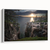 Vintage poster art of Acadia, Maine, featuring colorful landscape on extra large framed canvas, suitable for living room.
