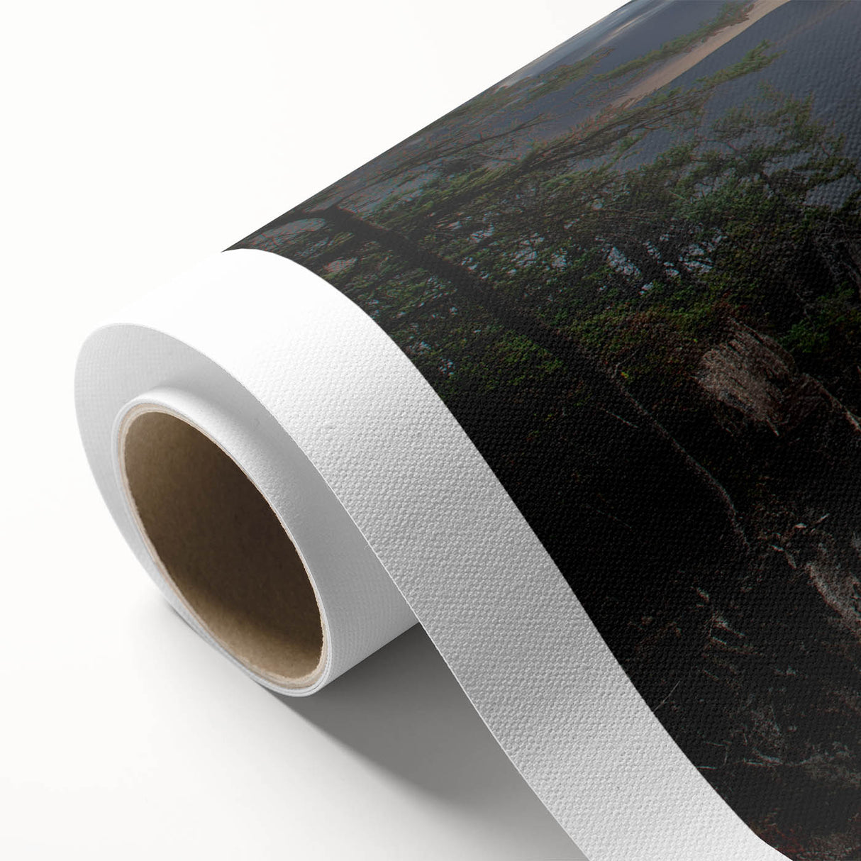 Art Deco style poster depicting the Acadia landscape in Maine, featuring muted pastel colors on rolled canvas.