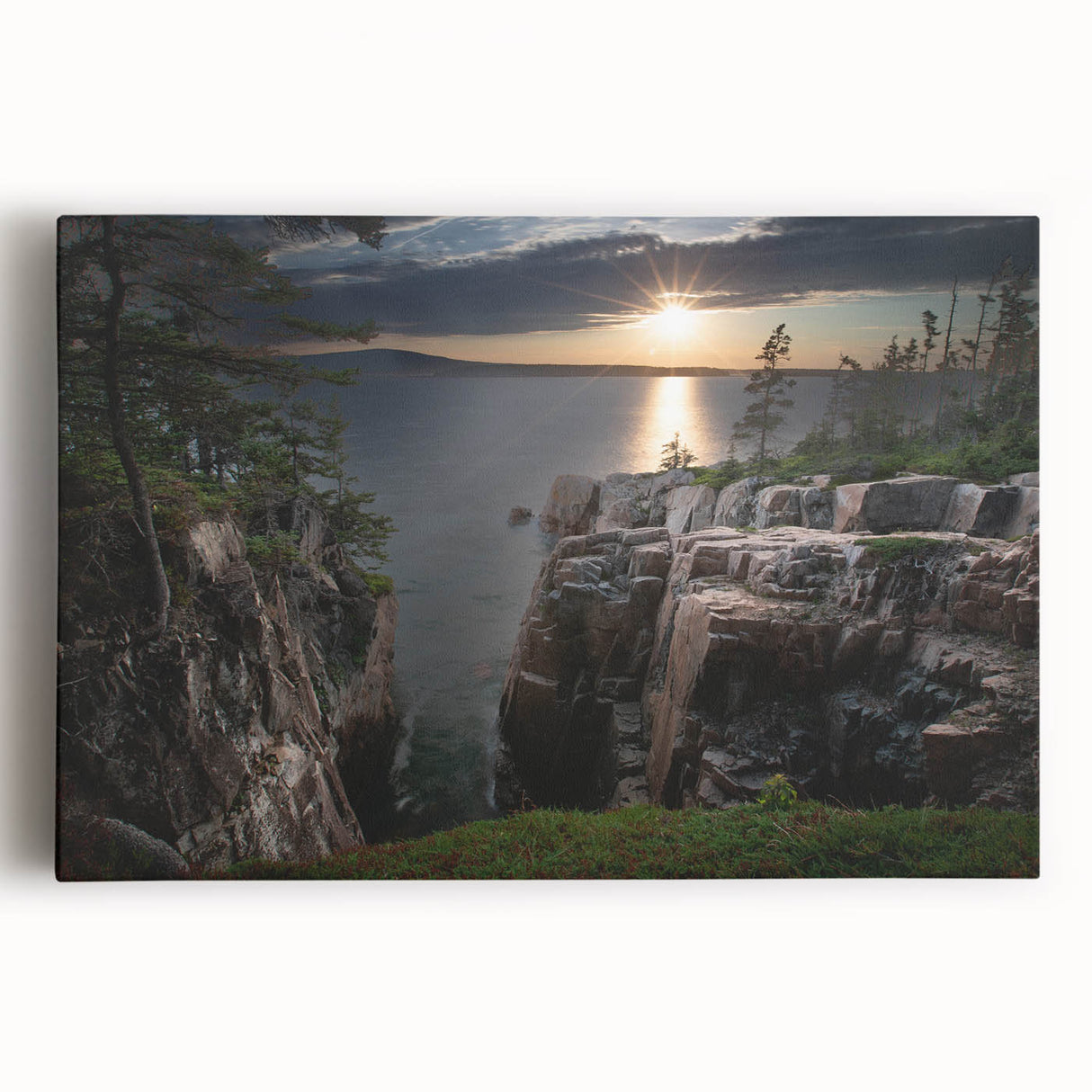 Black and white photograph of Acadia National Park on stretched canvas, ideal for kitchen wall art.