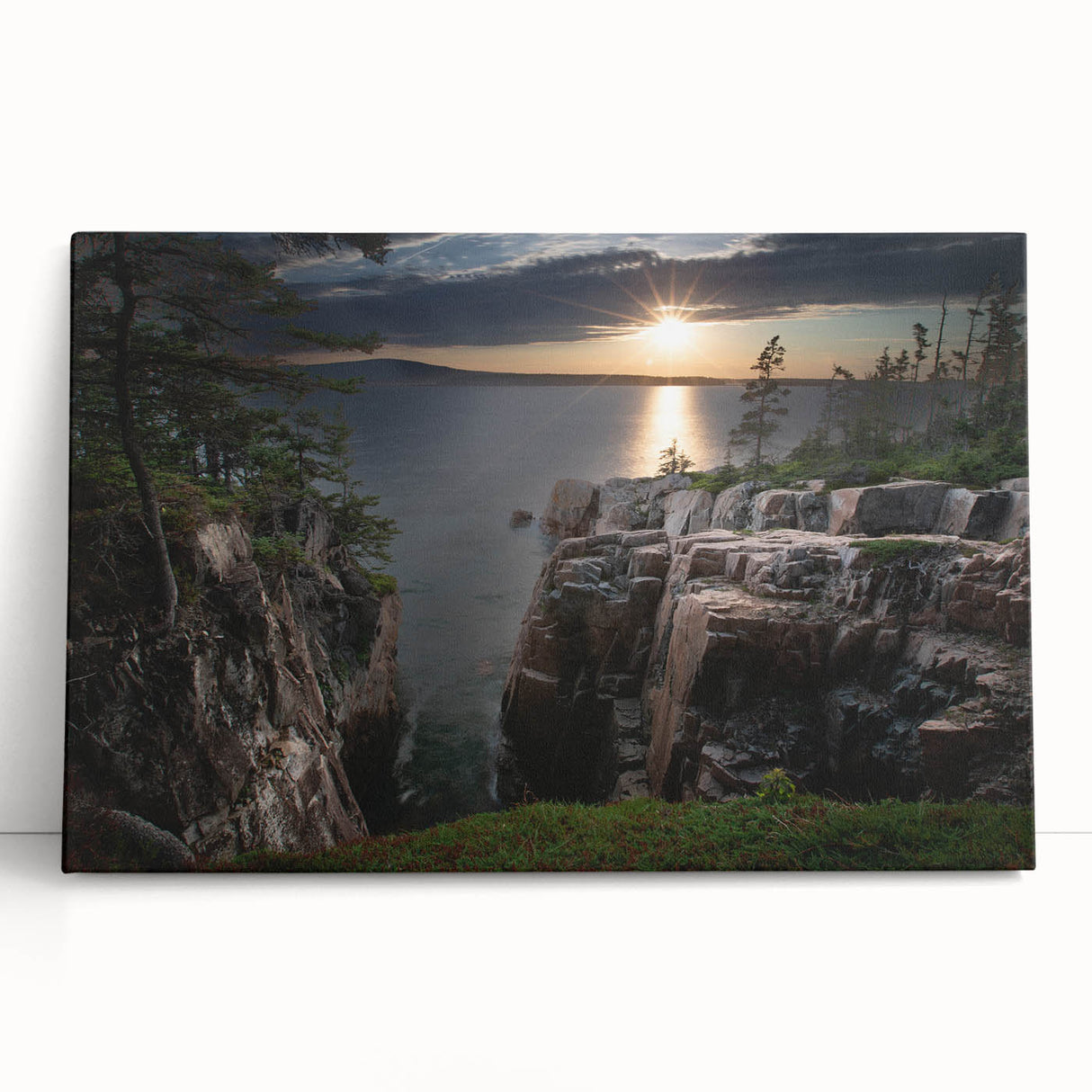 Black and white photo of Acadia National Park on a large stretched canvas, ideal for kitchen wall art.
