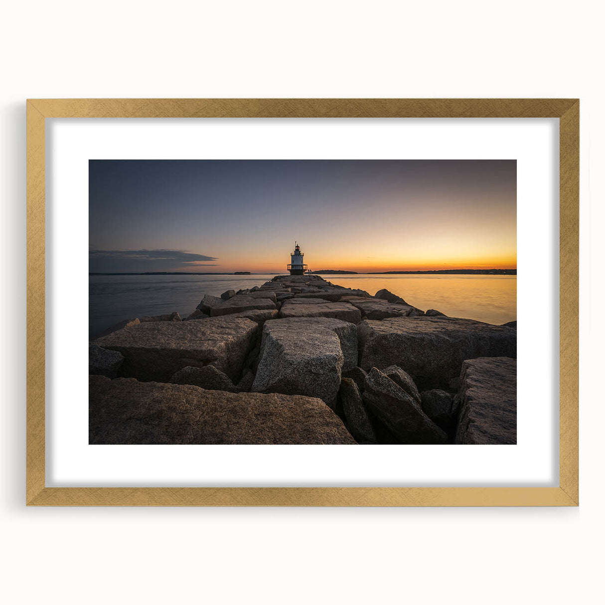 Extra large abstract art print of a textured Maine scenery in muted earth tones, framed with a gold mat.