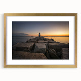 Extra large abstract art print of a textured Maine scenery in muted earth tones, framed with a gold mat.