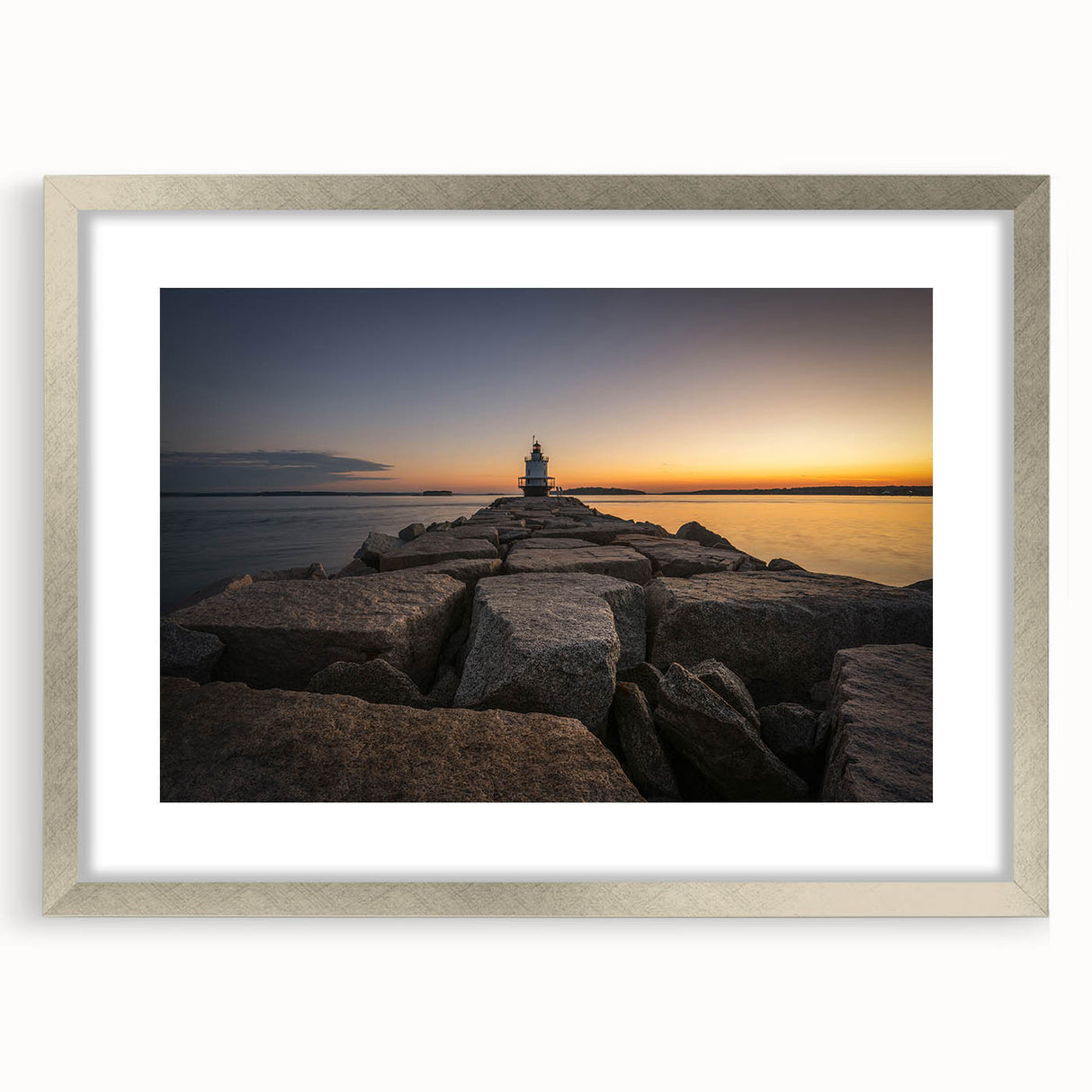 Textured art depicting a serene Maine landscape in soft blue and green hues on a framed silver mat.