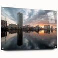Large abstract wall art of Baltimore skyline in cool gray tones on acrylic glass, ideal for bedroom or dining room decor.