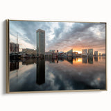 Framed canvas wall art depicting a vintage-style Baltimore landscape in black and gold tones, ideal for bedroom decor.