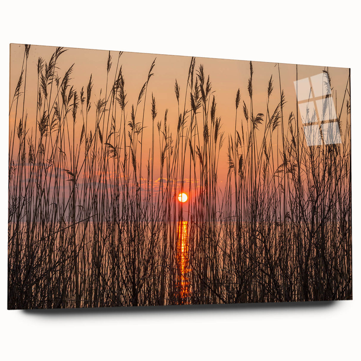 Large abstract depiction of Chesapeake Bay in muted blue and green tones on acrylic glass.