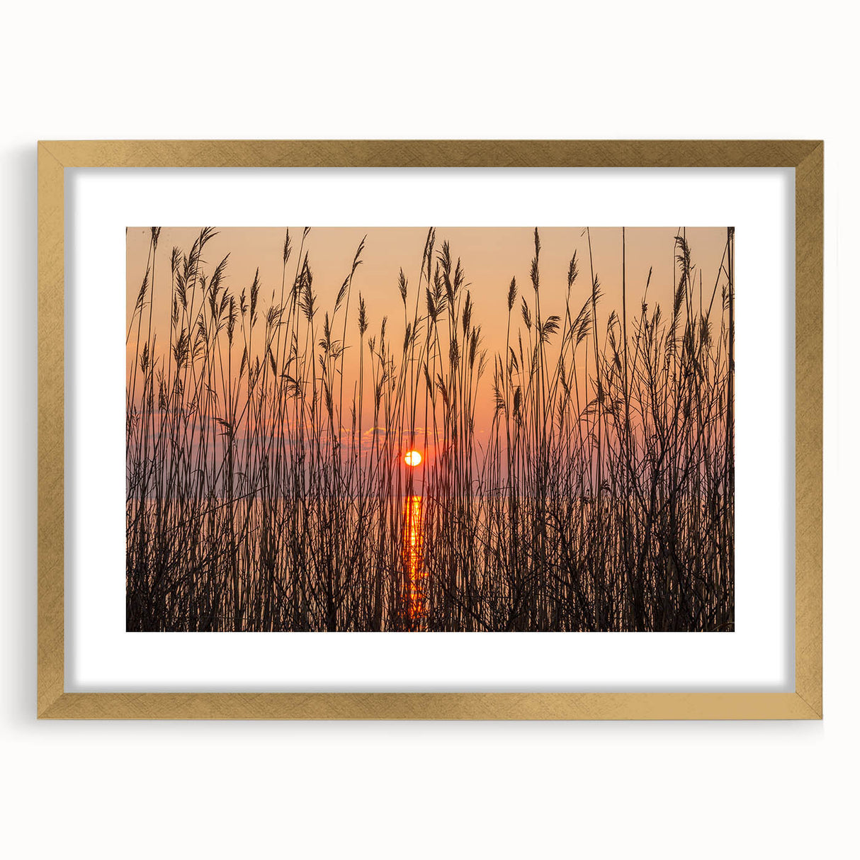 Extra large abstract art print of Chesapeake Bay in textured style with gold frame, suitable for living room decor.