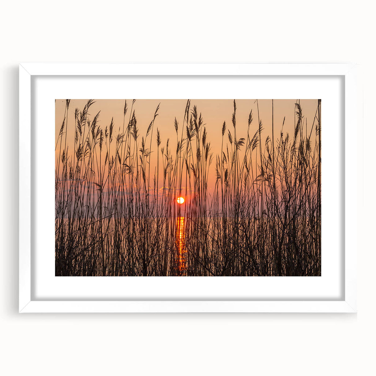Abstract art print of Chesapeake Bay in muted blue and gray tones on a white framed canvas, ideal for dining room decor.