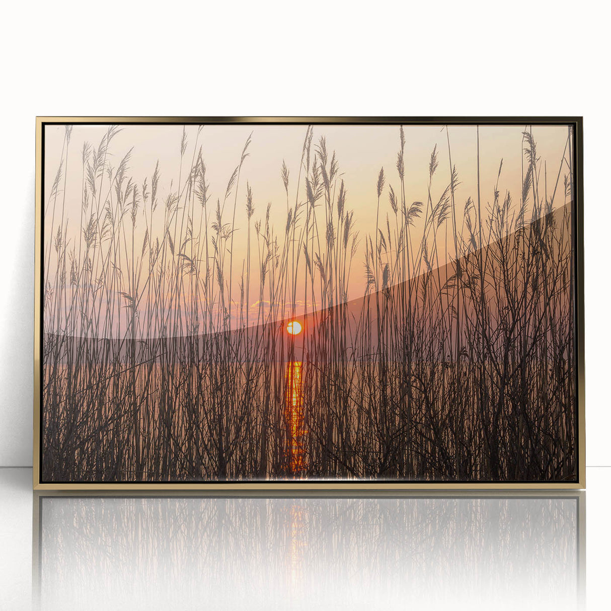 Mid-century modernist art of Chesapeake Bay in muted earth tones on a framed acrylic, suitable for modern art wall decor.