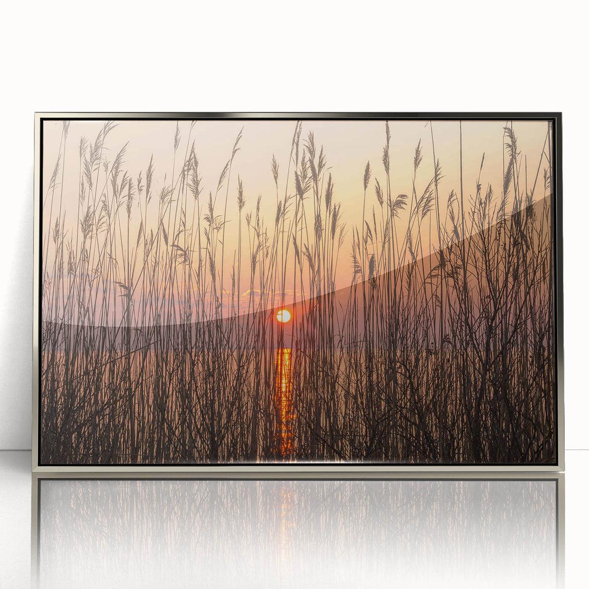 Mid-century modernist art depicting Chesapeake Bay in muted blue and silver tones on a framed acrylic.