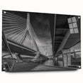 Acrylic print of a large abstract depiction of the Boston skyline in muted gray and blue tones.