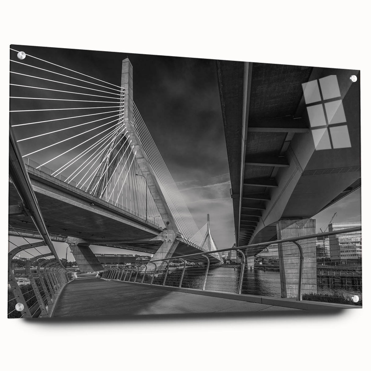 Acrylic print of a large abstract depiction of the Boston skyline in muted gray and blue tones.