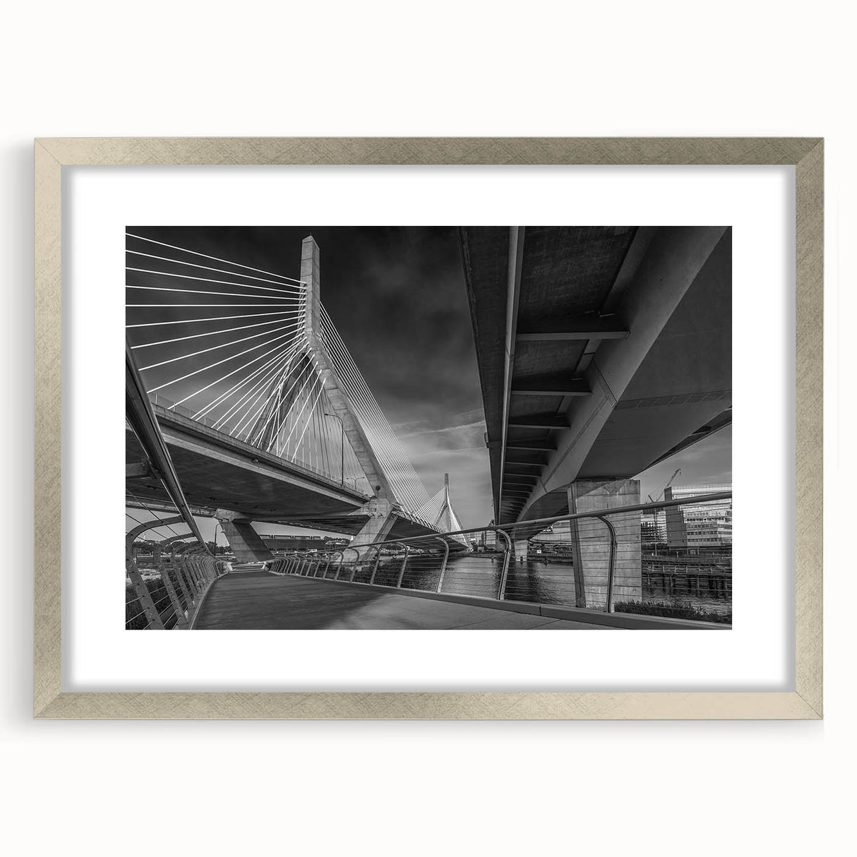 Textured abstract art print of Boston skyline in silver frame, using a palette of cool grays and blues.